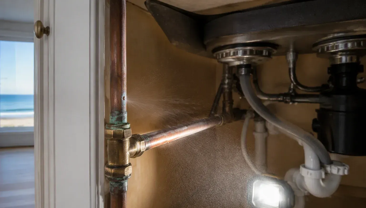 Burst pipe repair and water cleanup in a Pensacola bathroom